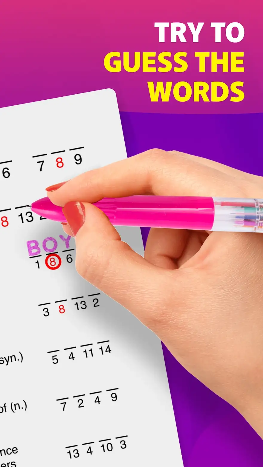 Imagem promocional de Crostic Crossword com uma grelha de acróstico preenchida a caneta