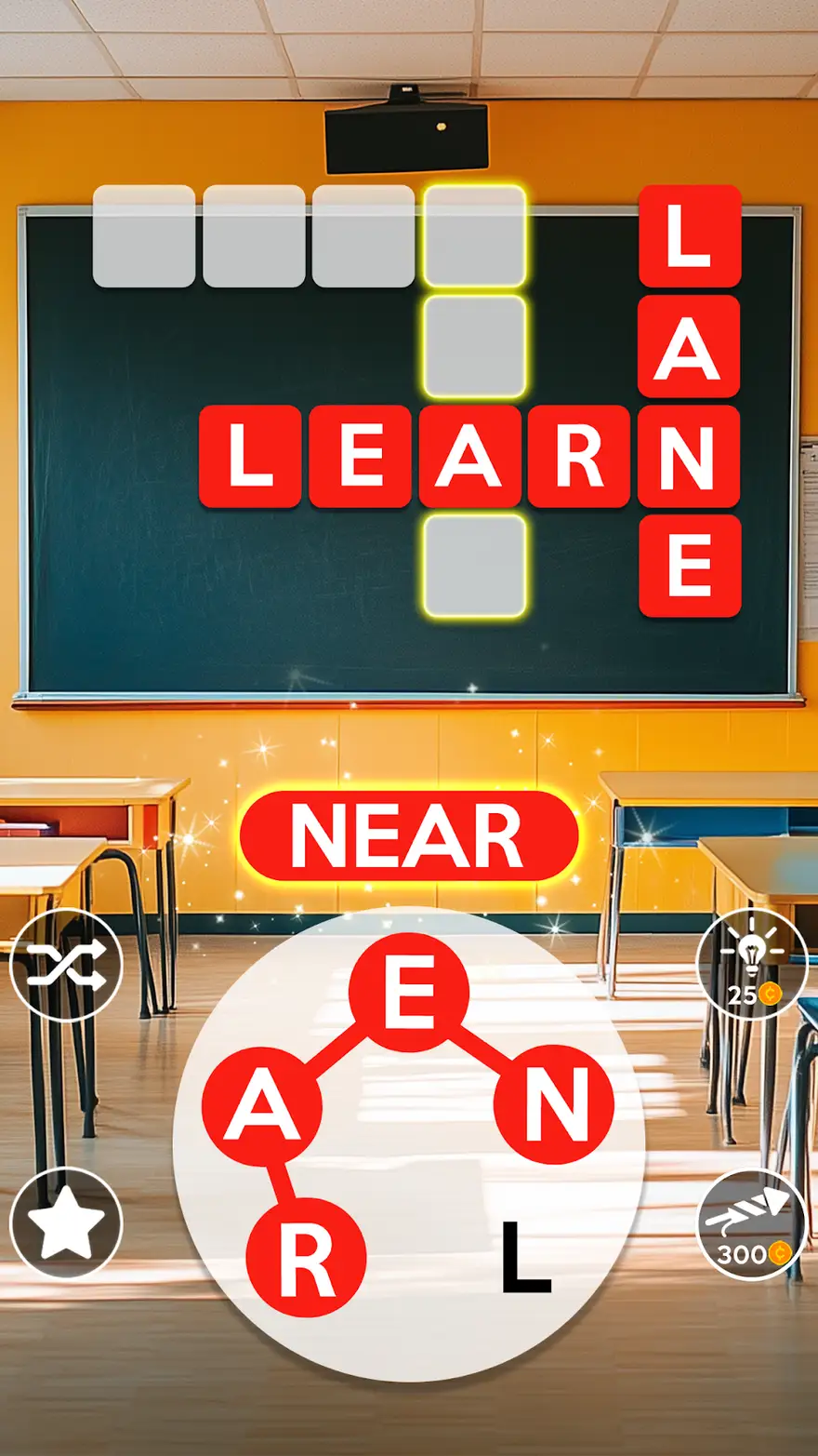 Grelha de Wordscapes sobre um cenário de sala de aula, com a roda de letras em baixo